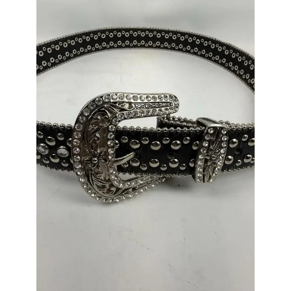 RhiO Leather Belt Studded Rhinestone Western Rocker Cowgirl Glam Size L Silver